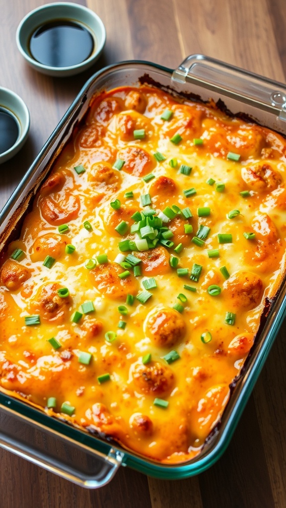 Baked sushi casserole in a 9x13 dish, topped with cheese, green onions, and seaweed, served with soy sauce.